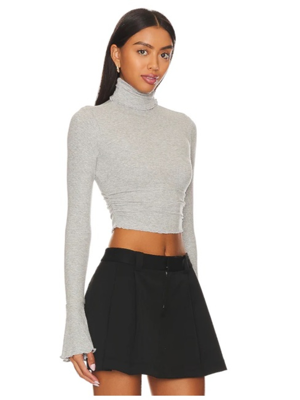 Lovers + Friends Belen Gray Long-Sleeve ribbed ruched Turtleneck Crop Top M